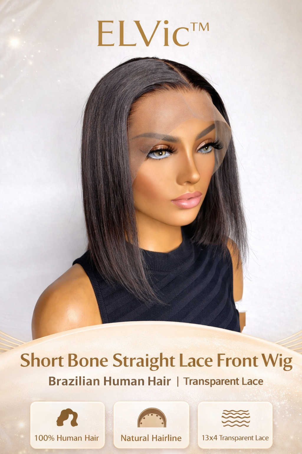 ELVic™ Short Bone Straight Lace Wig – 100% Human Hair Bob with Transparent Lace