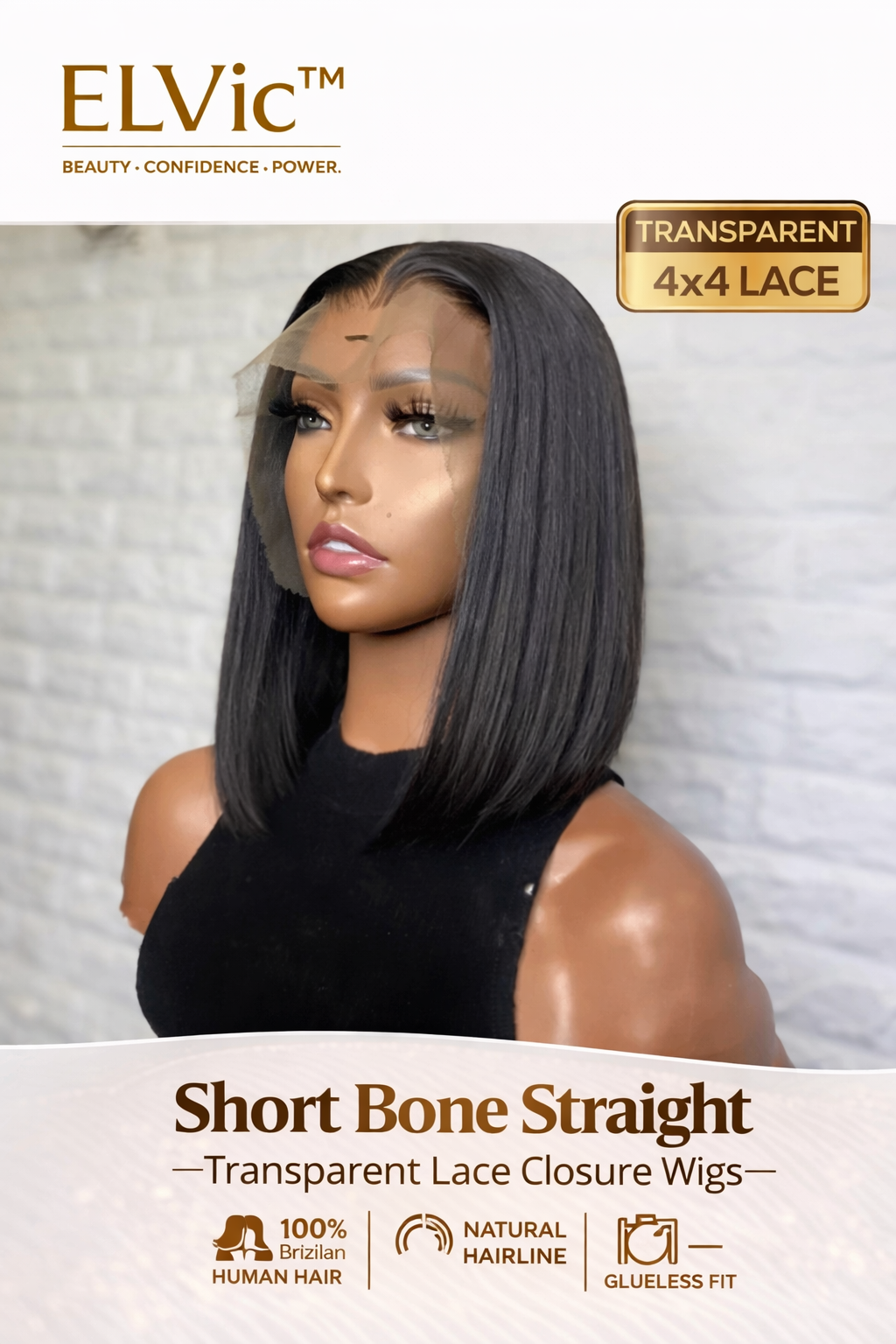 ELVic™ Short Bone Straight Lace Wig – 100% Human Hair Bob with Transparent Lace