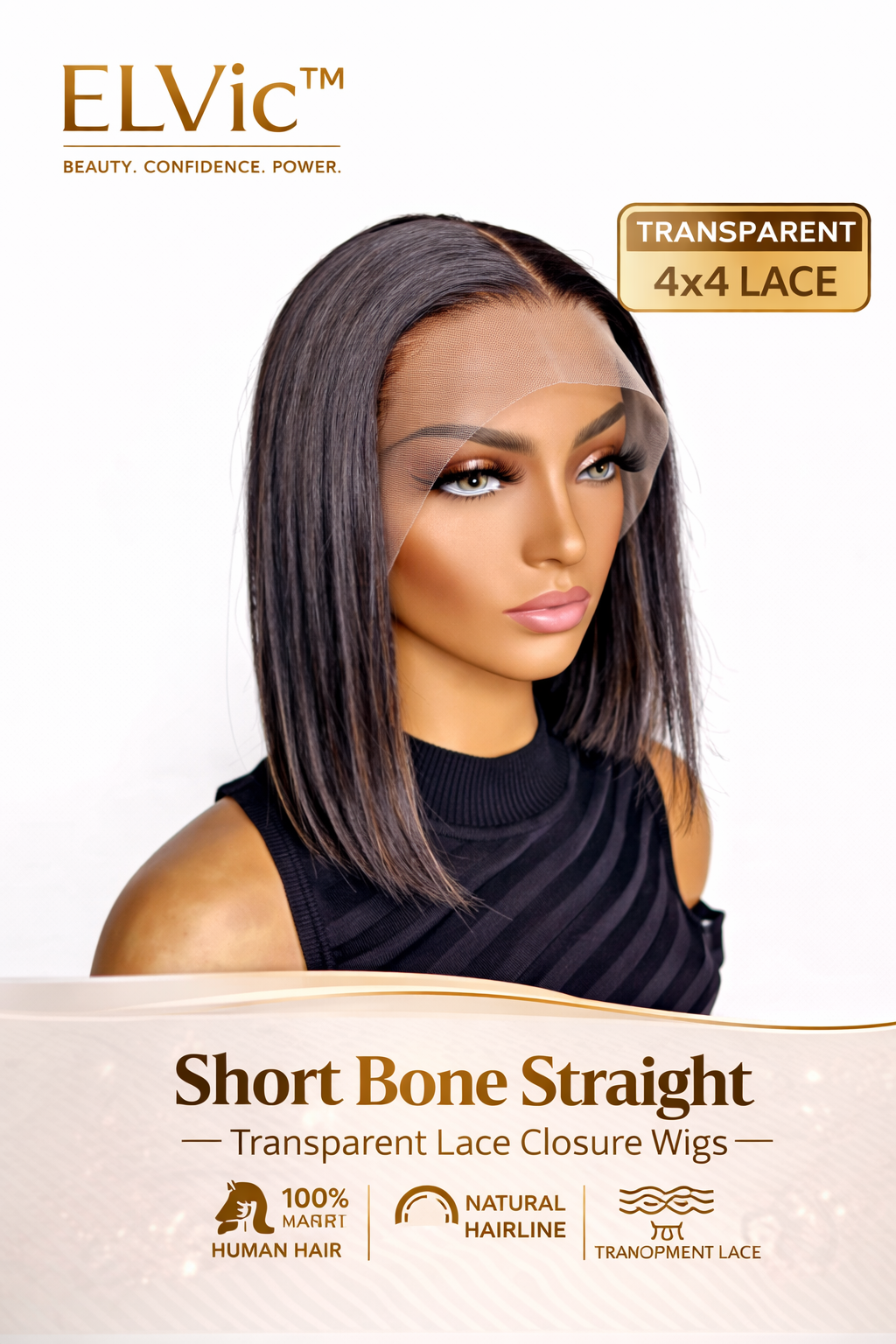 ELVic™ Short Bone Straight Lace Wig – 100% Human Hair Bob with Transparent Lace