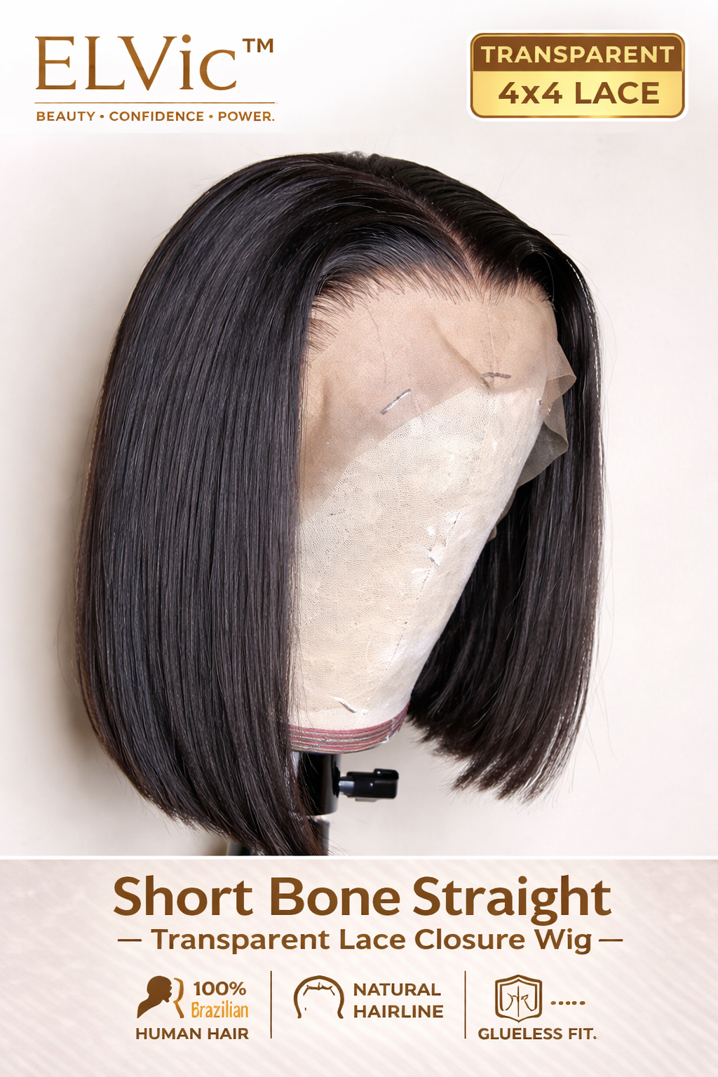ELVic™ Short Bone Straight Lace Wig – 100% Human Hair Bob with Transparent Lace