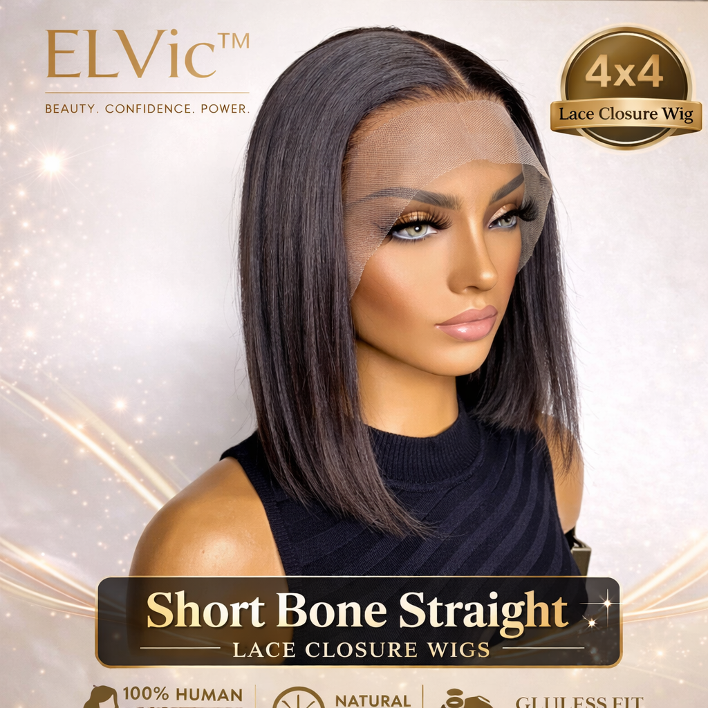 ELVic™ Short Bone Straight Lace Wig – 100% Human Hair Bob with Transparent Lace
