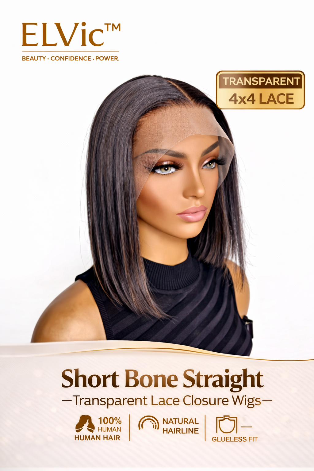 ELVic™ Short Bone Straight Lace Wig – 100% Human Hair Bob with Transparent Lace