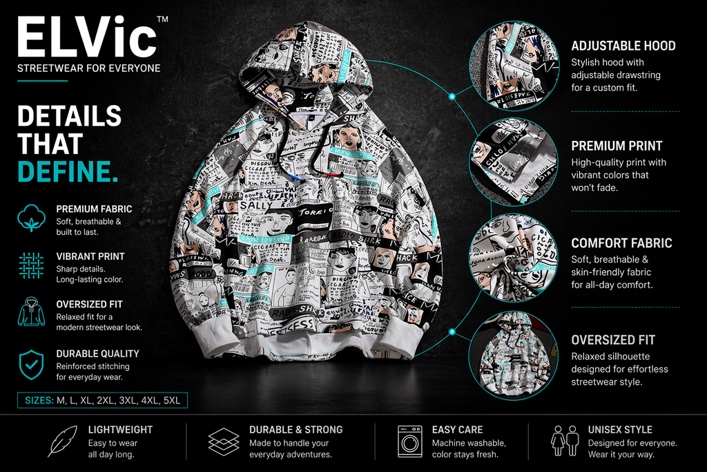 ELVic™ Oversized Printed Hoodie – Streetwear Cotton Blend Pullover (Men)