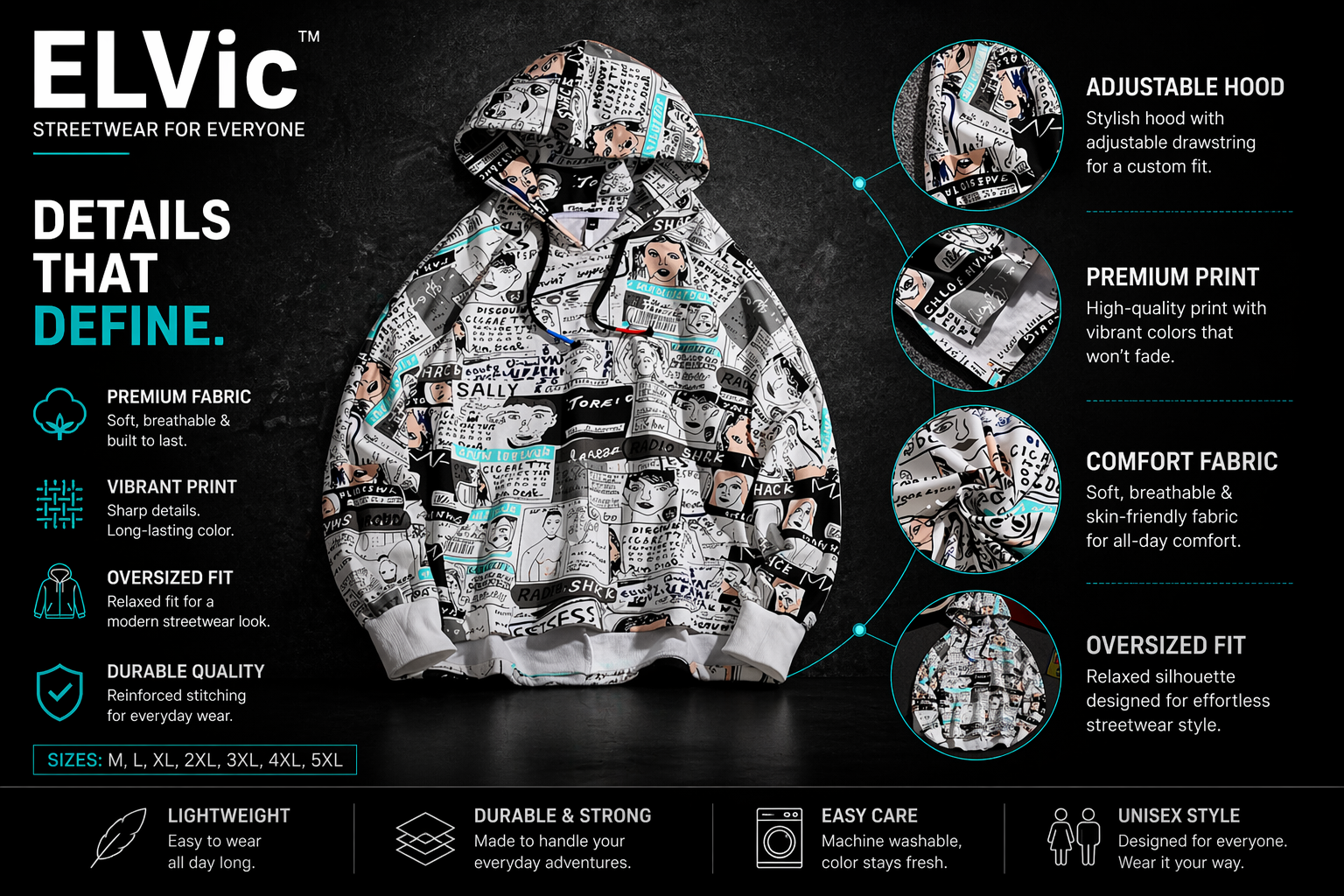 ELVic™ Oversized Printed Hoodie – Streetwear Cotton Blend Pullover (Men)