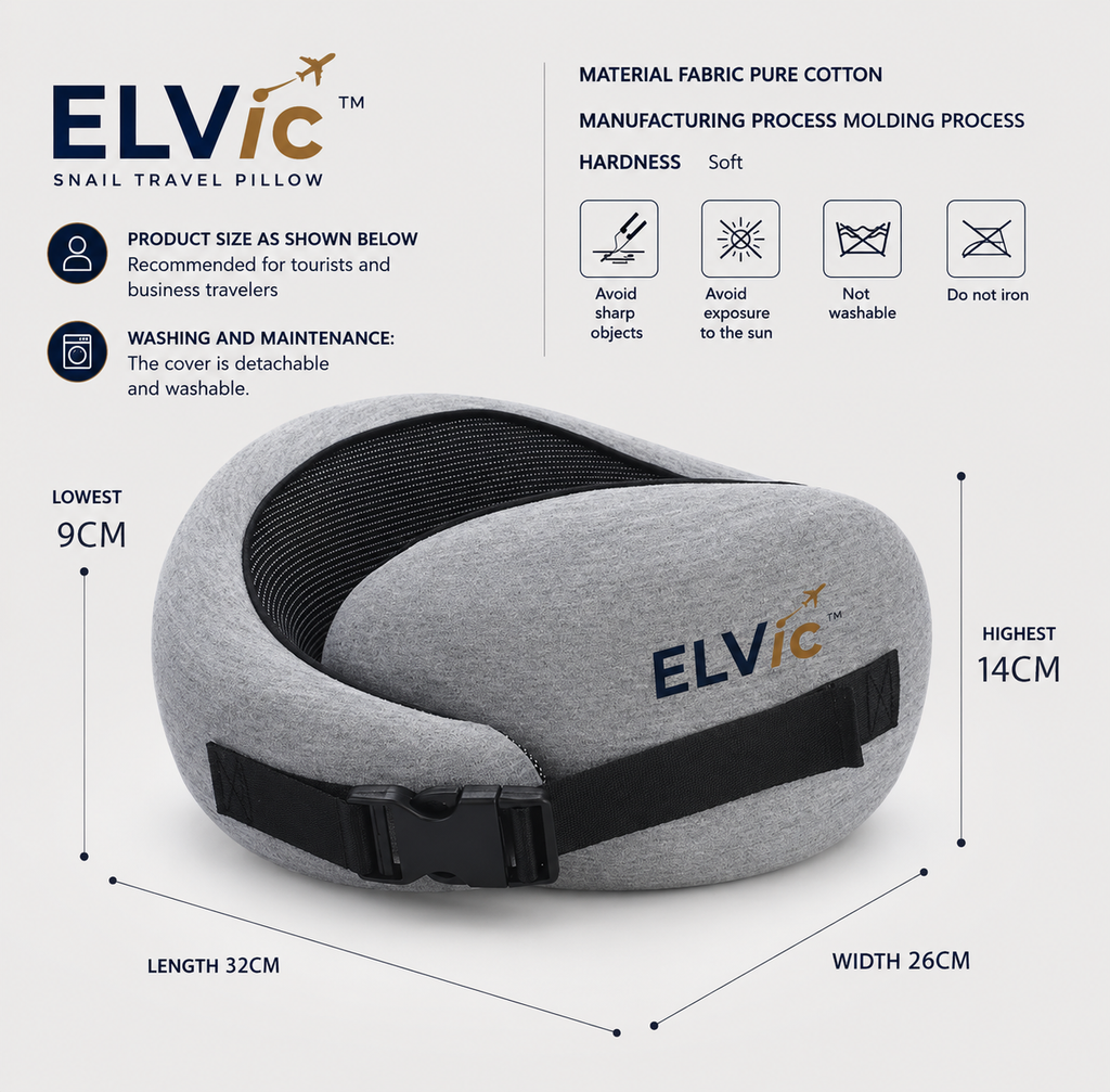 ELVic™ CloudRest Memory Foam Travel Neck Pillow – Adjustable U-Shaped Neck Support for Airplane, Car, Office & Home
