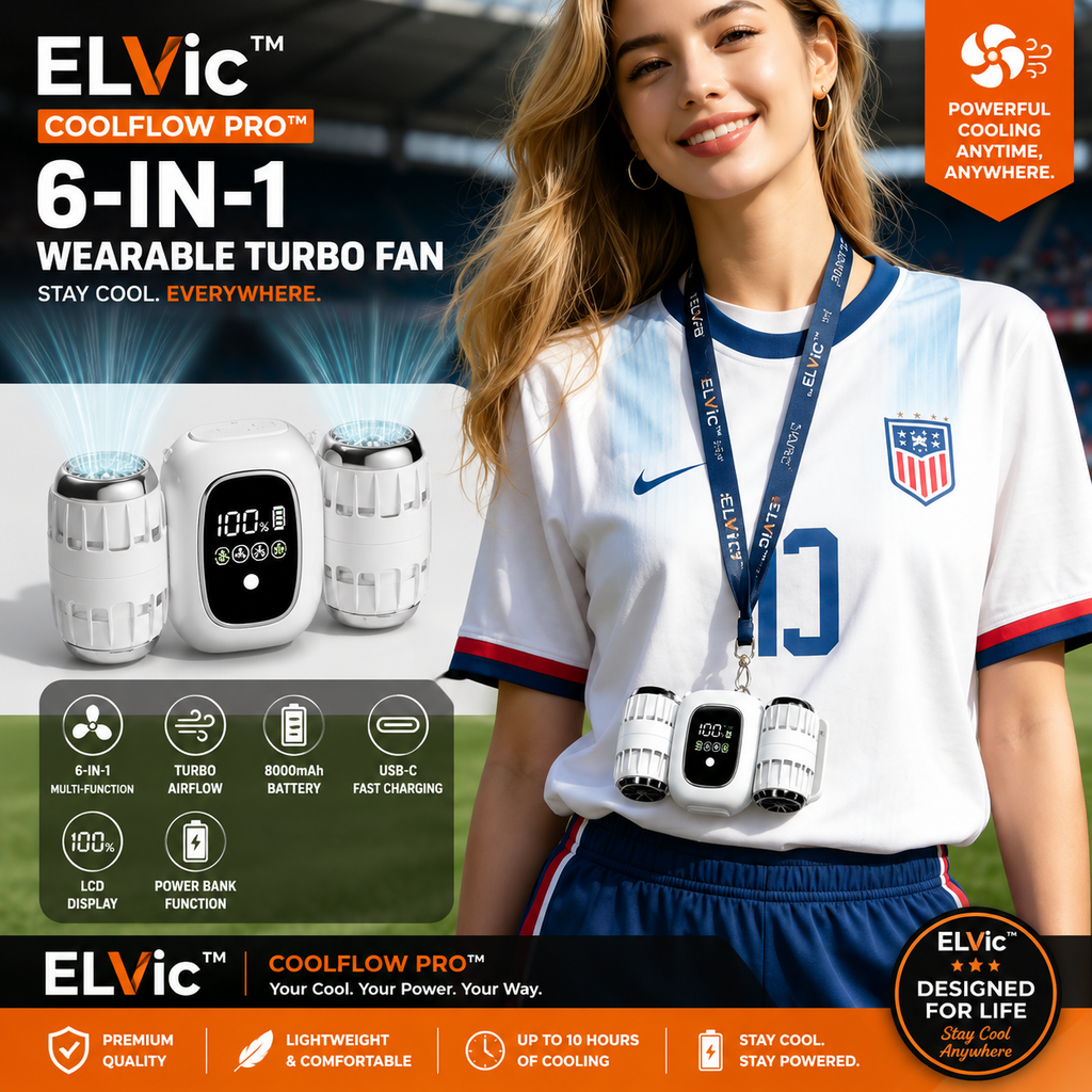 ELVic™ CoolFlow Pro™ 6-in-1 Portable Neck Fan – Rechargeable Turbo Fan with LCD Display, Hands-Free Wearable Cooling Fan
