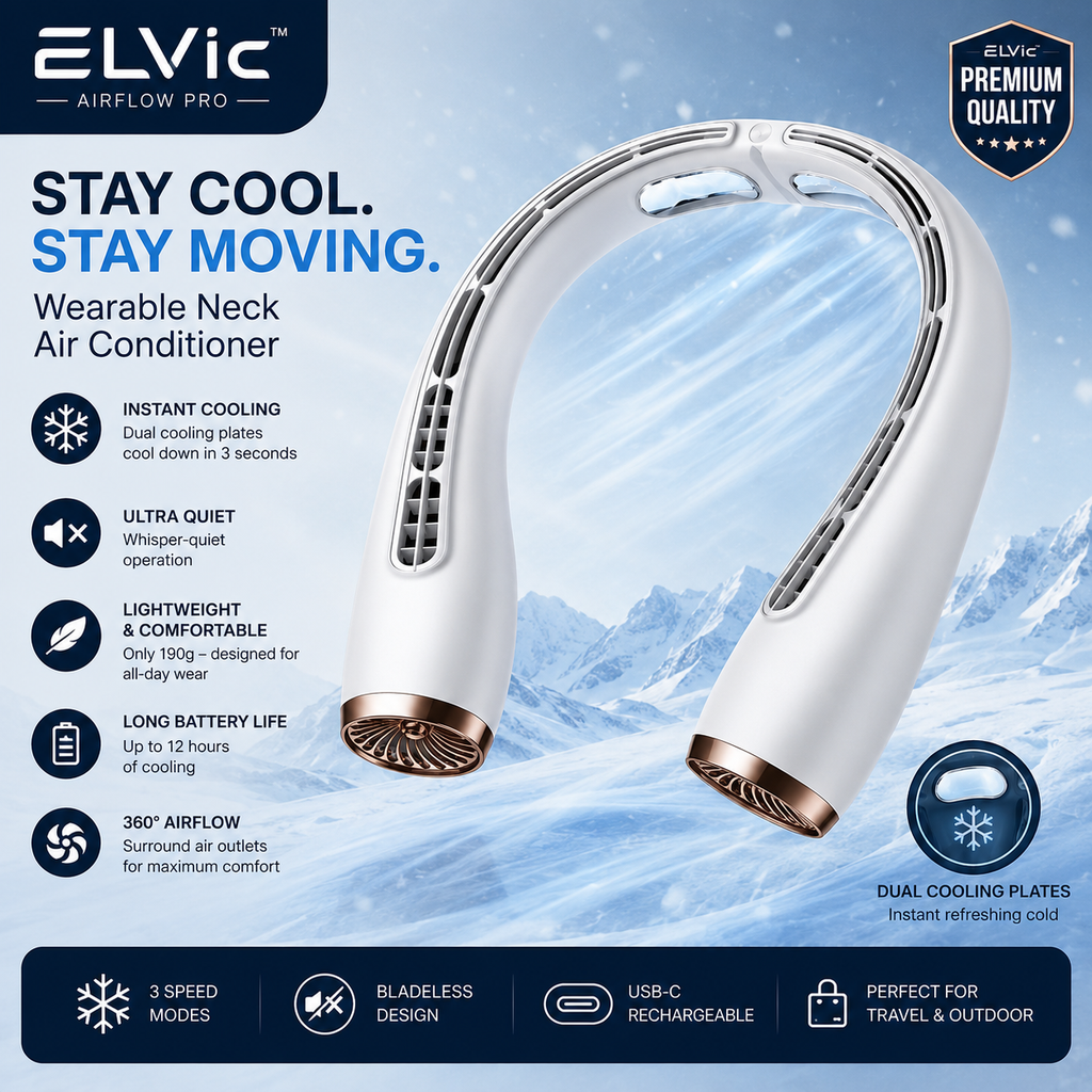ELVic™ ArcticFlow Pro–Portable Bladeless Neck Fan with Cooling Technology & Silent Airflow