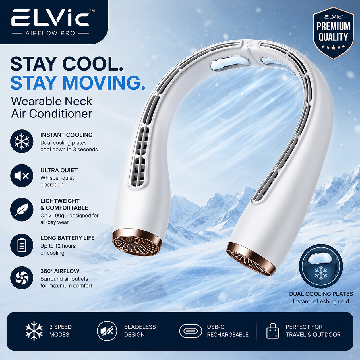 ELVic™ ArcticFlow Pro–Portable Bladeless Neck Fan with Cooling Technology & Silent Airflow