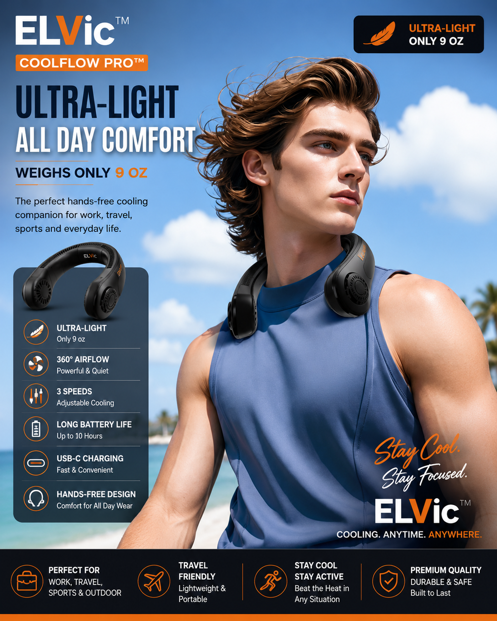 ELVic™ CoolFlow Pro™ Rechargeable Wearable Neck Fan – 5-Speed Portable Personal Cooling Fan