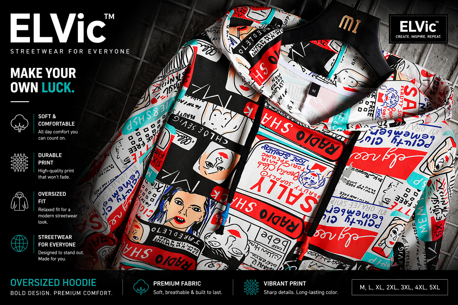 ELVic™ Oversized Printed Hoodie – Streetwear Cotton Blend Pullover (Men)