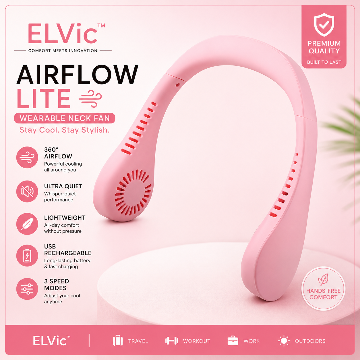 ELVic™ AirFlow Pro – Portable Bladeless Neck Fan with Cooling Technology & Silent Airflow