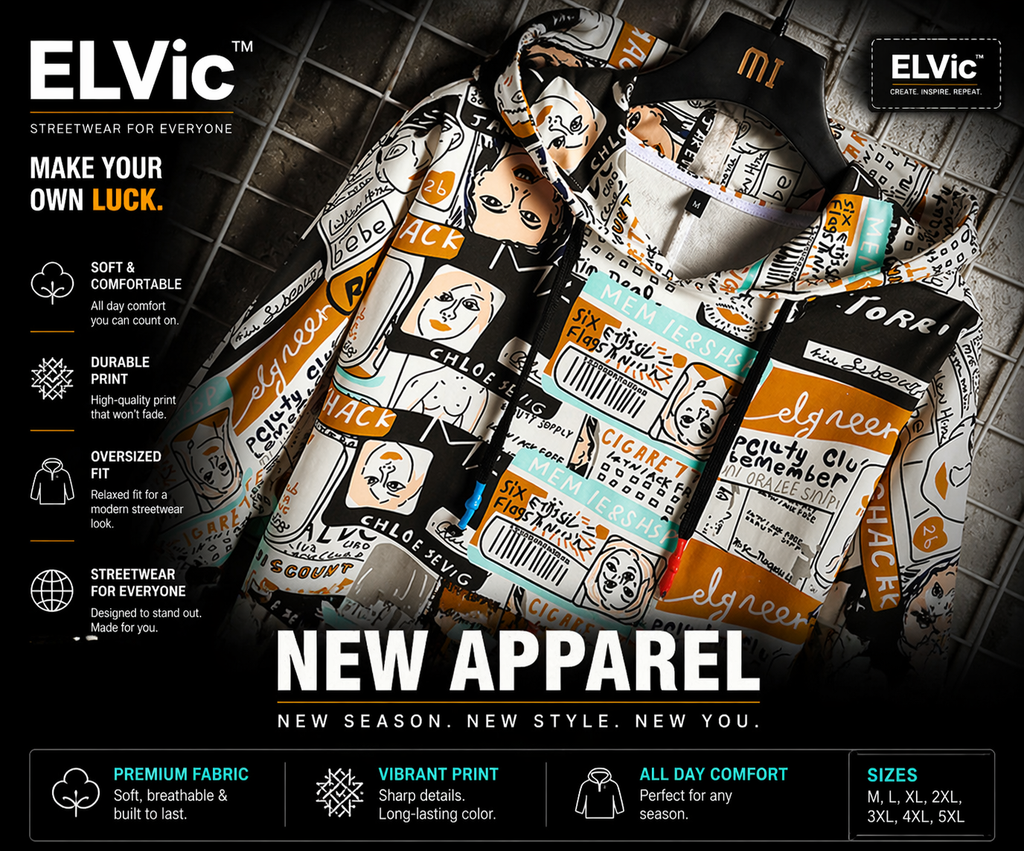 ELVic™ Oversized Printed Hoodie – Streetwear Cotton Blend Pullover (Men)