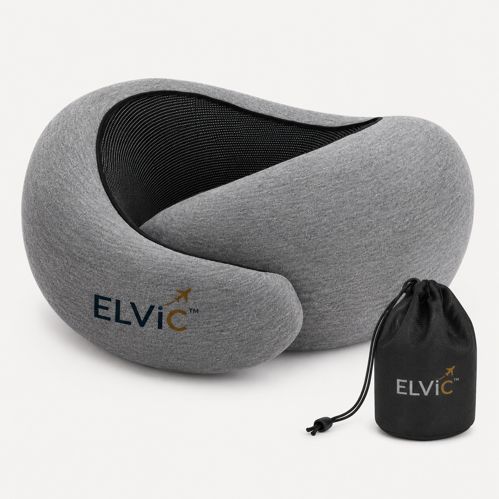 ELVic™ CloudRest Memory Foam Travel Neck Pillow – Adjustable U-Shaped Neck Support for Airplane, Car, Office & Home