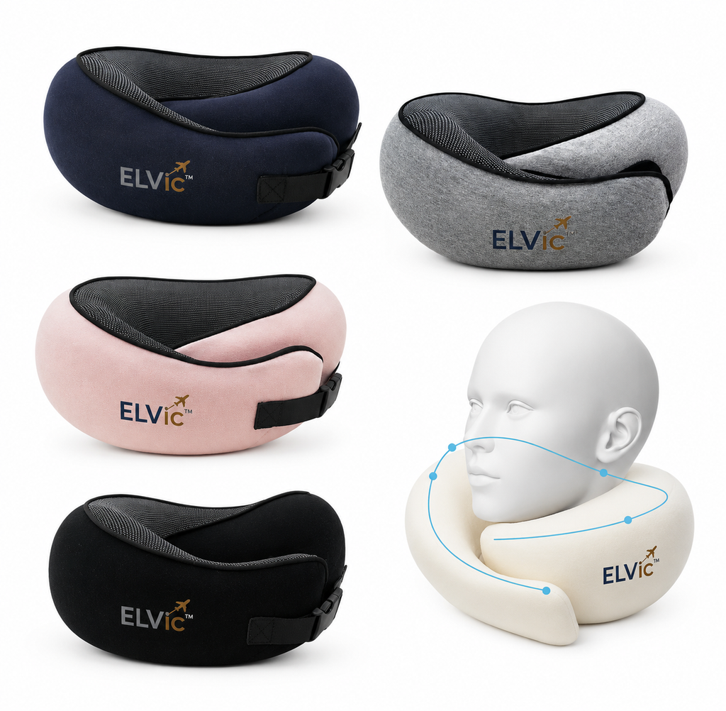 ELVic™ CloudRest Memory Foam Travel Neck Pillow – Adjustable U-Shaped Neck Support for Airplane, Car, Office & Home