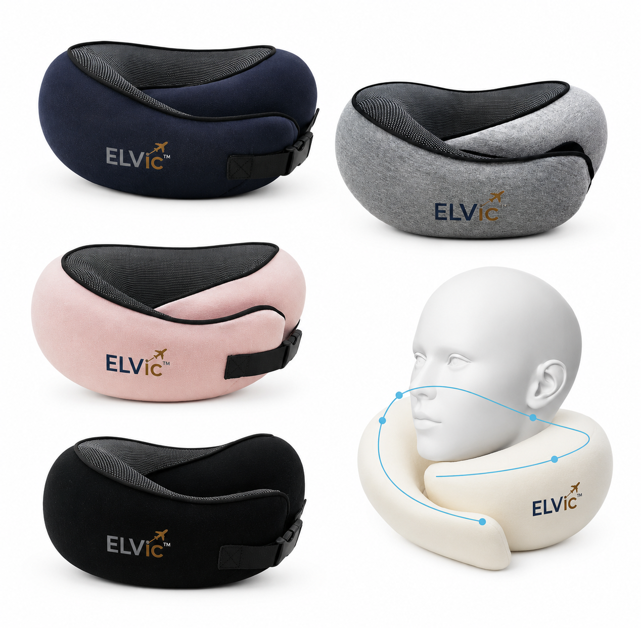 ELVic™ CloudRest Memory Foam Travel Neck Pillow – Adjustable U-Shaped Neck Support for Airplane, Car, Office & Home