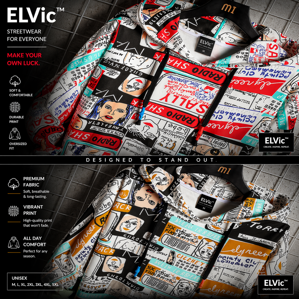 ELVic™ Oversized Printed Hoodie – Streetwear Cotton Blend Pullover (Men)