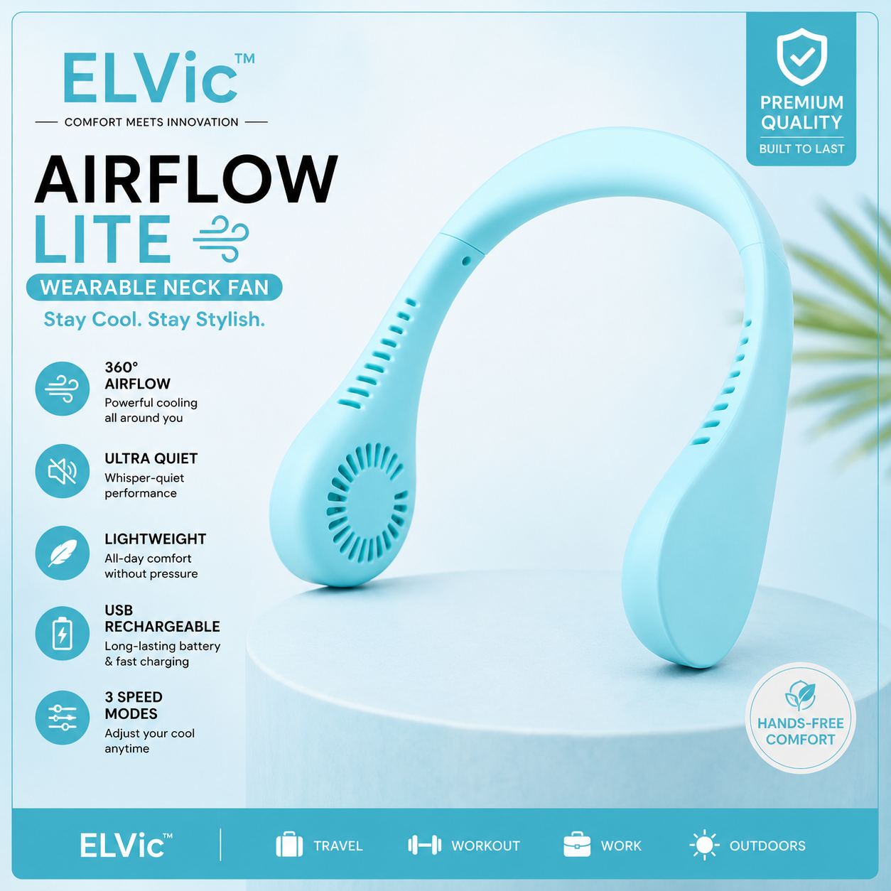 ELVic™ AirFlow Pro – Portable Bladeless Neck Fan with Cooling Technology & Silent Airflow