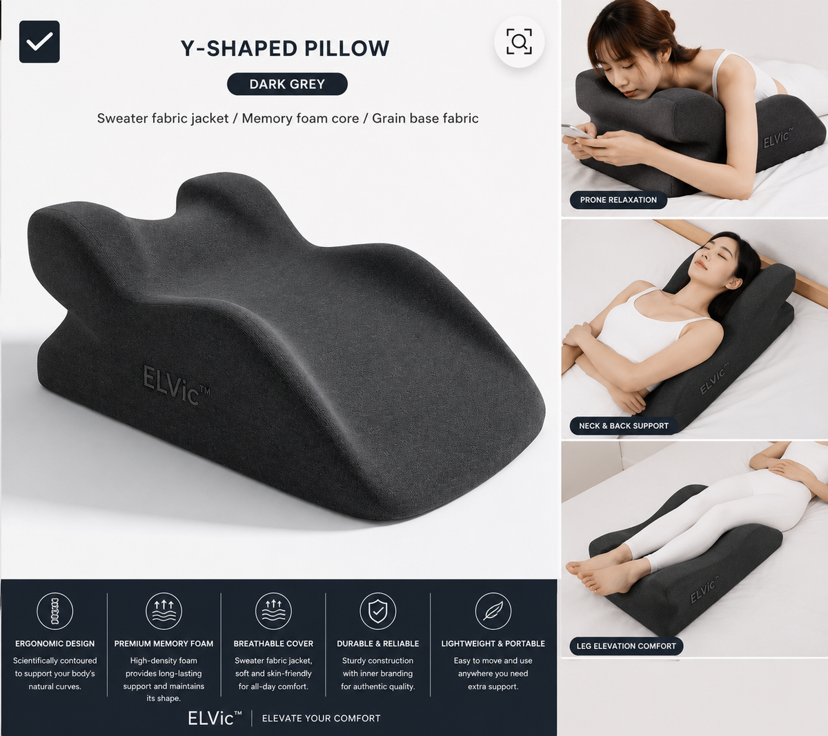 ELVic™ ElevatePro Memory Foam Support Pillow – Ergonomic Reading & Relaxation Cushion