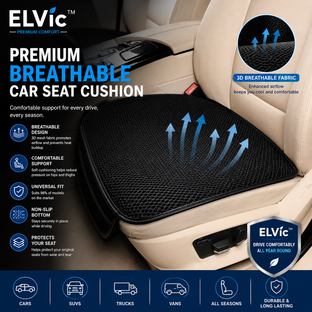 ELVic™ Breathable Car Seat Cushion – Comfortable Non-Slip Seat Pad for Cars, SUVs & Trucks