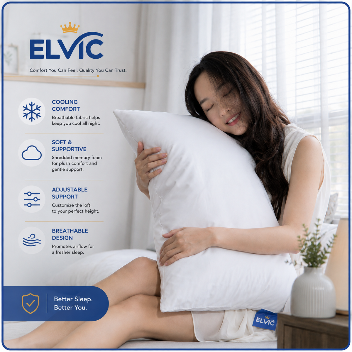 ELVic™ Cooling Shredded Memory Foam Pillow – Adjustable Ergonomic Support